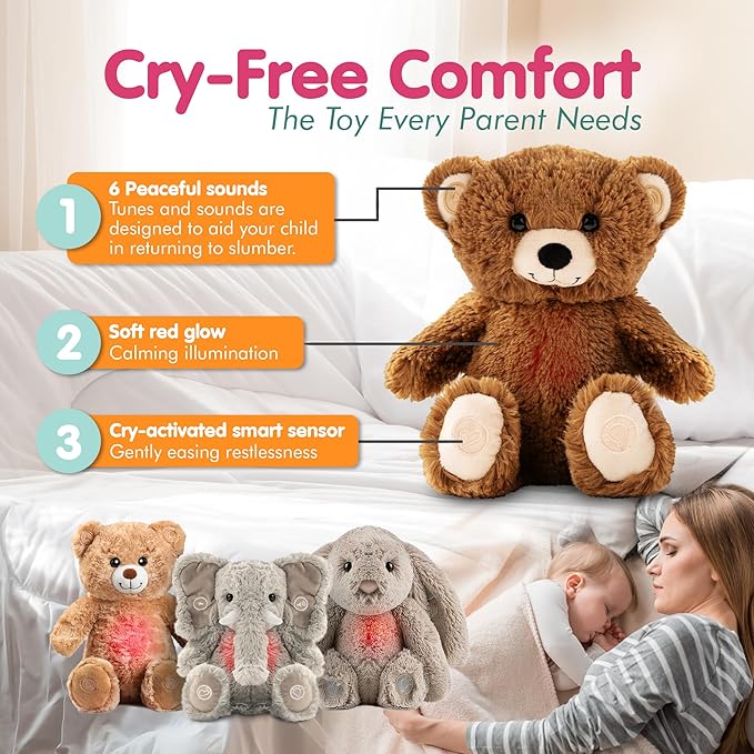 Gemma Joy Bedtime Baby Soothers for Sleep, Cry Activated Heartbeat Stuffed Animal for Baby, Newborn, Calming Light, Lullaby Music, White Noise, Shush, Mother’s Heartbeat - (Brown Bear, Rechargeable)