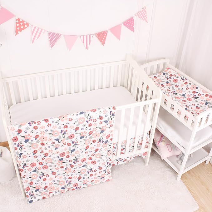 CaSaJa 4-Piece Crib Bedding Set for Boys and Girls, Nursery Baby Bedding Set Including Quilted Comforter with Fitted Crib Sheet and Changing Pad Covers, Reversible Quilt Design, Petals Flying