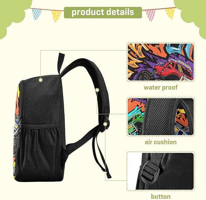 Toddler Monster Truck Car Waterproof Mini Backpack Boys/Girls Cute Small Backpack Kindergarten Preschool Bags 11 Inch