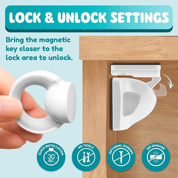 Booboo® Magnetic Child Safety Cupboard Locks for Children x20 Locks + x1 Key, Baby Proofing for Kitchen, Cabinets and Drawers, 30 Second Install No Drilling 3M Adhesive (20 Pack)