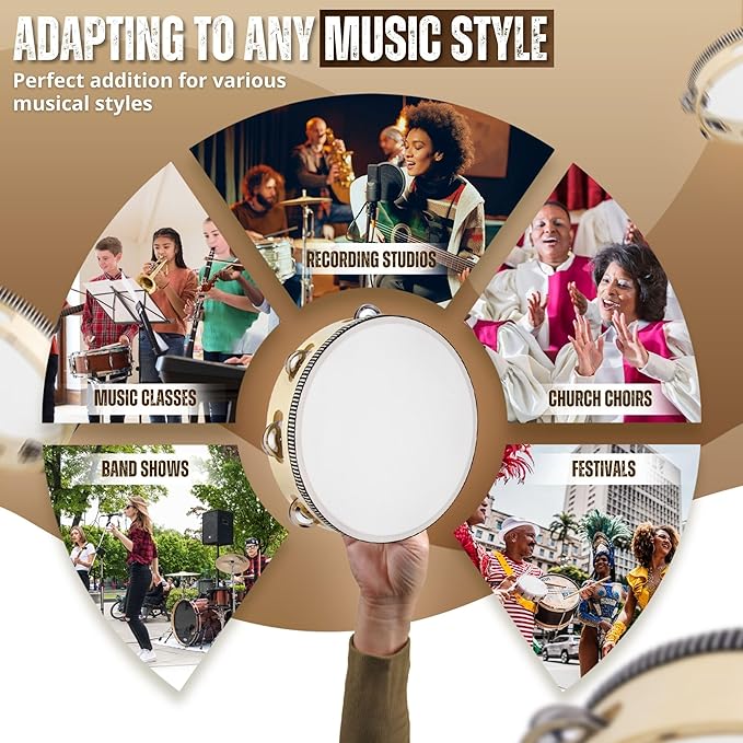 Flexzion Handheld Tambourine - 8 & 6 Inch Set of 2 Pack, Double Row 12 Pair Metal Jingles, Percussion Drum Moon Musical Educational Instrument for Adults Classroom Gift Party (Wood)