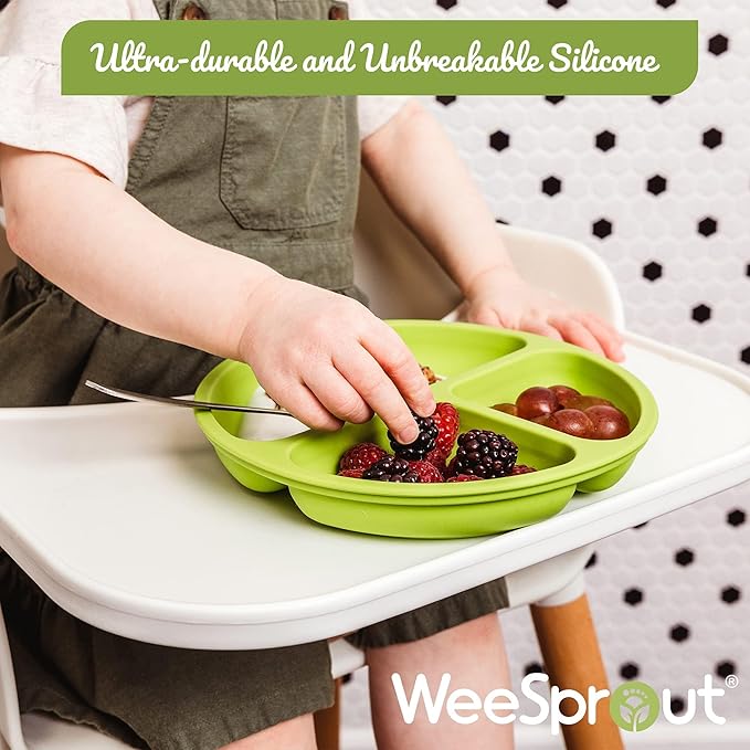WeeSprout Silicone Divided Plates (No Lids), 100% Food Grade Silicone Plates for Toddlers & Kids, Dishwasher & Microwave Safe