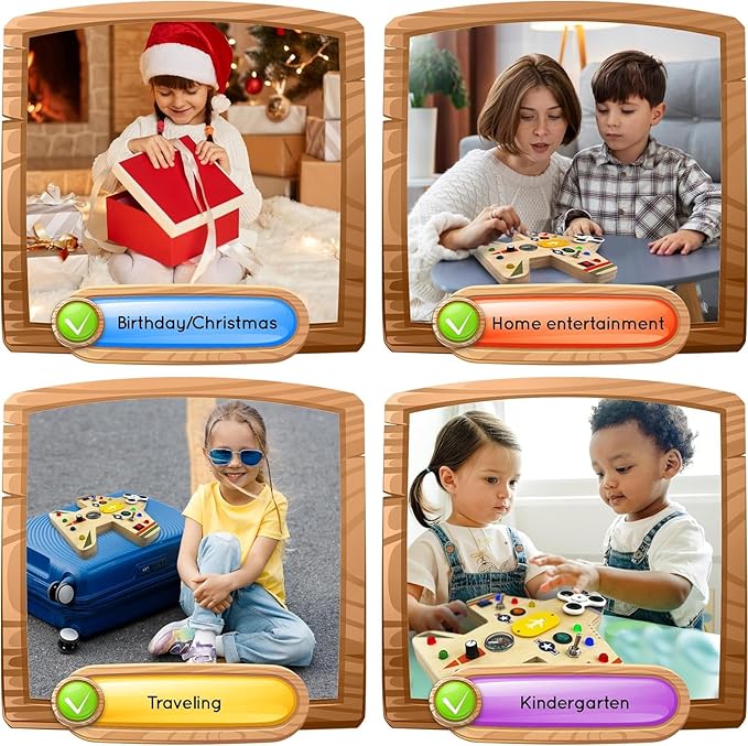 Toddler Montessori Busy Board - Wooden Educational Toy with Lights, Switches, Compass, Relay, Spinner - Sensory Board - Preschool Motor Skills Learning Activities - Christmas & Birthday Gift