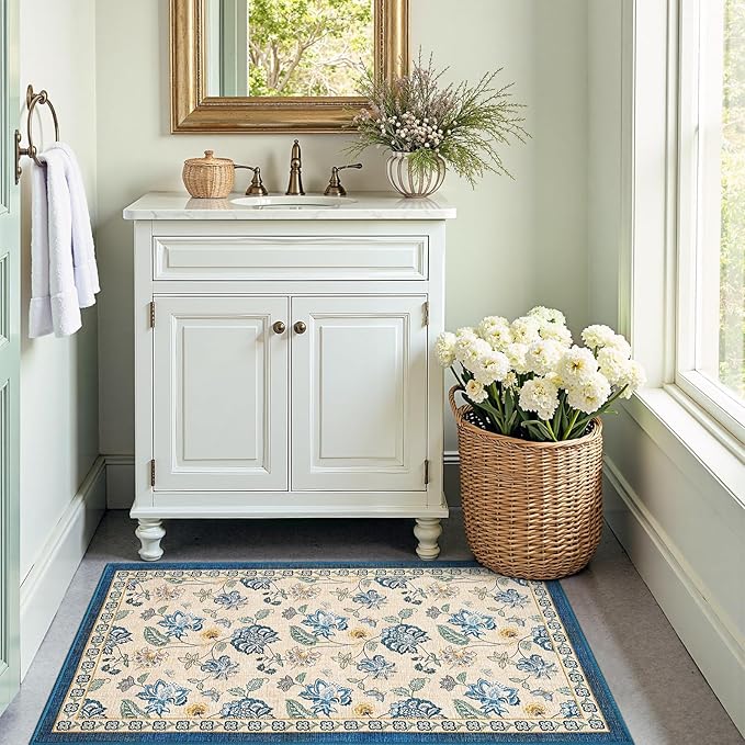 jinchan 3x5 Floral Rug for Entryway Washable Kitchen Rug Vintage Romance Design Small Mat Non Slip Indoor Doormat Lightweight Low-Profile Throw Carpet for Entrance Bathroom Laundry Room, Blue/Beige