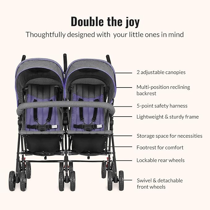 Dream On Me Volgo Twin Umbrella Stroller in Purple, Lightweight Double Stroller for Infant & Toddler, Compact Easy Fold, Large Storage Basket, Large and Adjustable Canopy