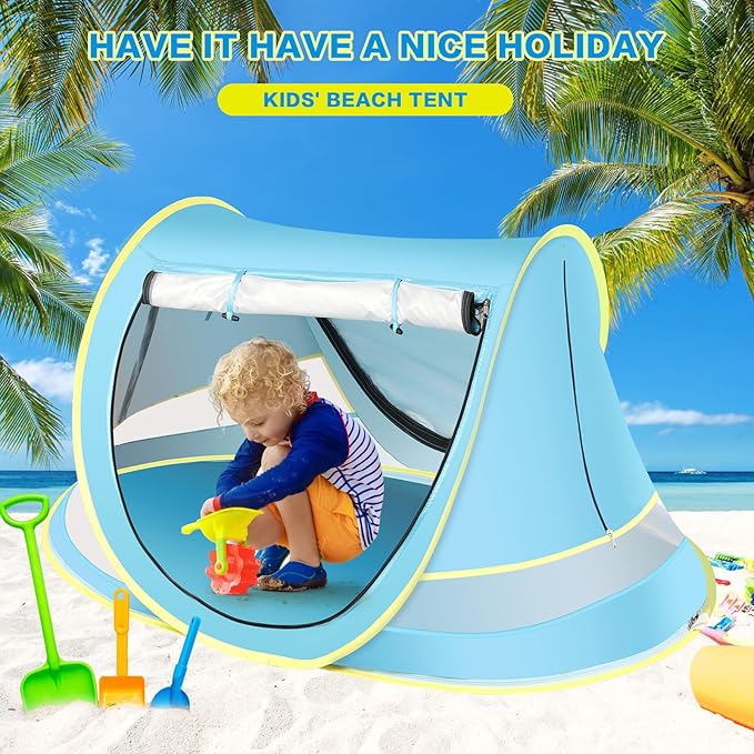 Baby Beach Tent with Baby Hat, Pop Up Toddler Travel Bed with Sun Hat for Boys or Girls, Sun Shade for Toddler Camping, Infant Portable Sun Shade, Summer Beach Baby
