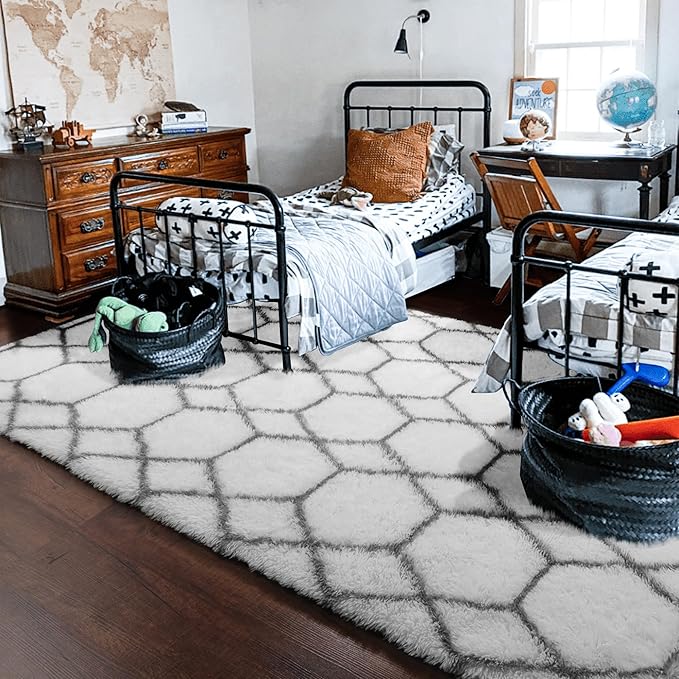 ONASAR Area Rugs for Living Room, Washable 7x10 Fluffy White and Grey Rug for Bedroom, Geometric Moroccan Indoor Shaggy Boho Soft Plush Floor Carpet for Kids Teen Nursery Dorm Home Decor Aesthetic