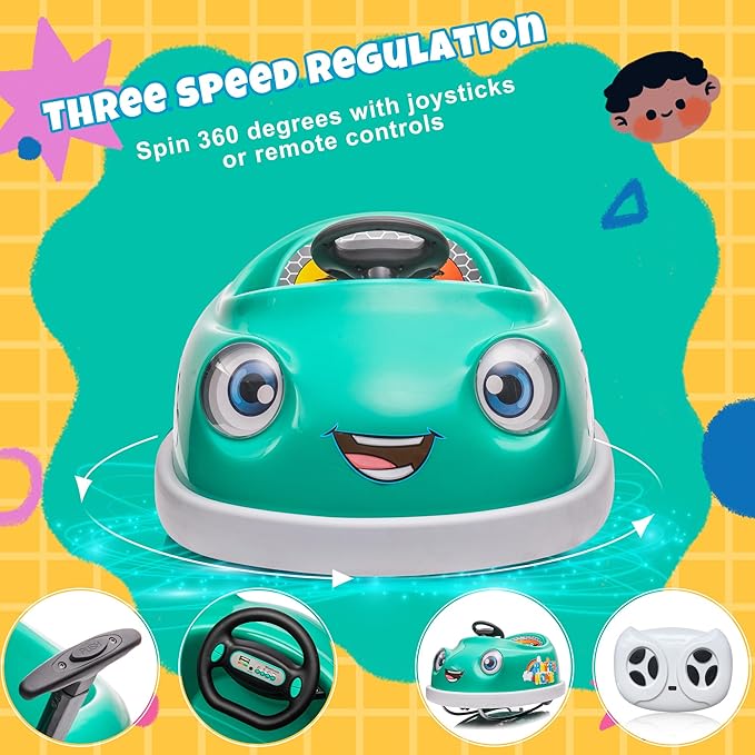 12V Dual Battery Electric Ride on Kids Bumper Car w/Remote Control,360 Degree Spin,Push Rod Rocker Horse Function,3-Speeds Babies & Toddlers Bumping Car Ride on Toy Gift for 1-4 Years Children(Green)