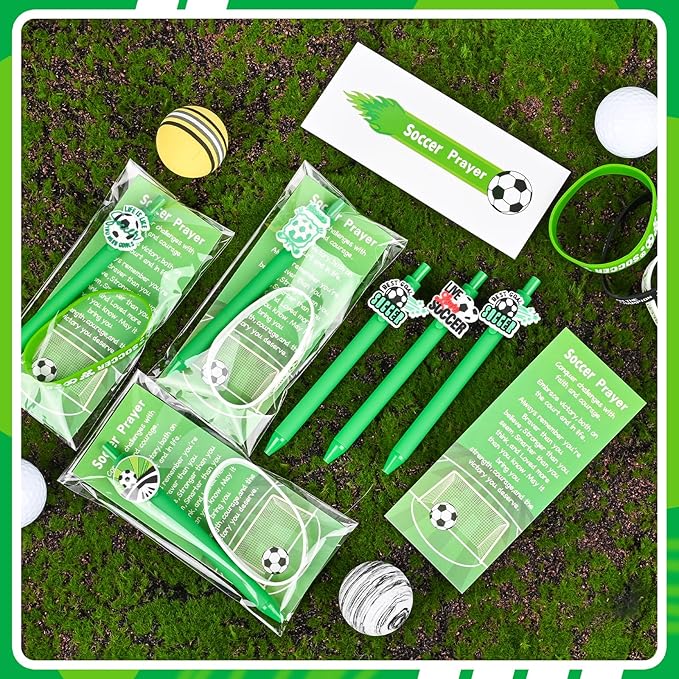 LiYiQ 72 Pcs Soccer Party Favors Soccer Team Gifts Soccer Goodie Bags Stuffers Soccer Ballpoint Pens Bookmark Card and Silicone Bracelet