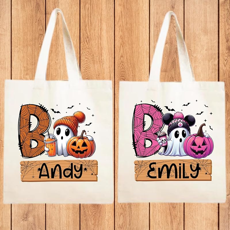 Personalized Trick or Treat Bags Custom Name Halloween Canvas Tote Bags for Kids Pumpkin Ghost Boo Bag Halloween Tote Bags for Girls and Boys Reusable Candy Totes 15" x 16"