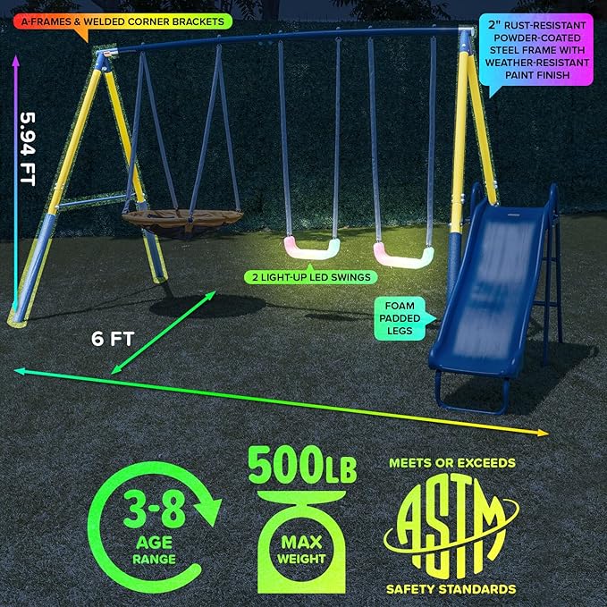 Sportspower Starlight Metal Swing Set with 2 LED Light-Up Swings, Saucer Swing & 5ft Slide – Outdoor Kids Playset with Sturdy Frame and Safety Features