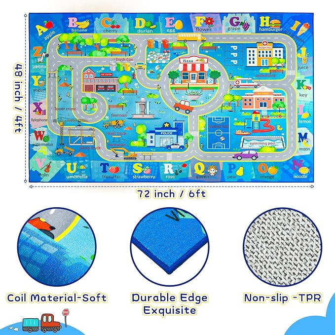 Chicrug 4x6 Car Road Area Rug for Kids Playroom Bedroom, Non Slip Low Pile Washable ABC Alphabet Carpet for Classroom, City Track Play Mat for Toddler Children Nursery Baby Room Decor, Blue