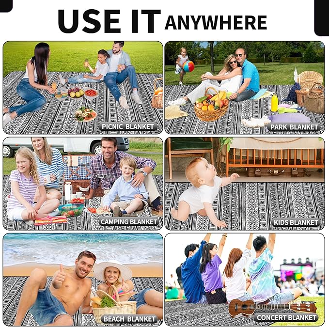 Picnic Blankets Outdoor Extra Large-Waterproof Picnic Blanket with Shoulder Carry Strap | Machine Washable Picnic Mat with Sandproof Backing for Park , Grass, Camping, Hiking, Concerts (Black)