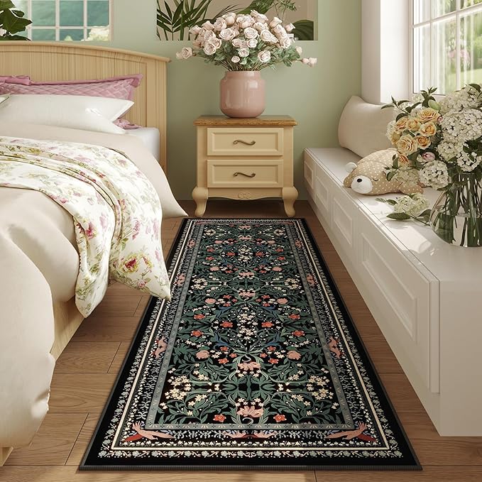 Runner Rug for Kitchen Rug Non Slip 2'6"x8' Washable Rugs with Rubber Backing Soft Vintage Floral Botanical Carpet Runner for Kitchen, Laundry, Bedroom, Bathroom, Black