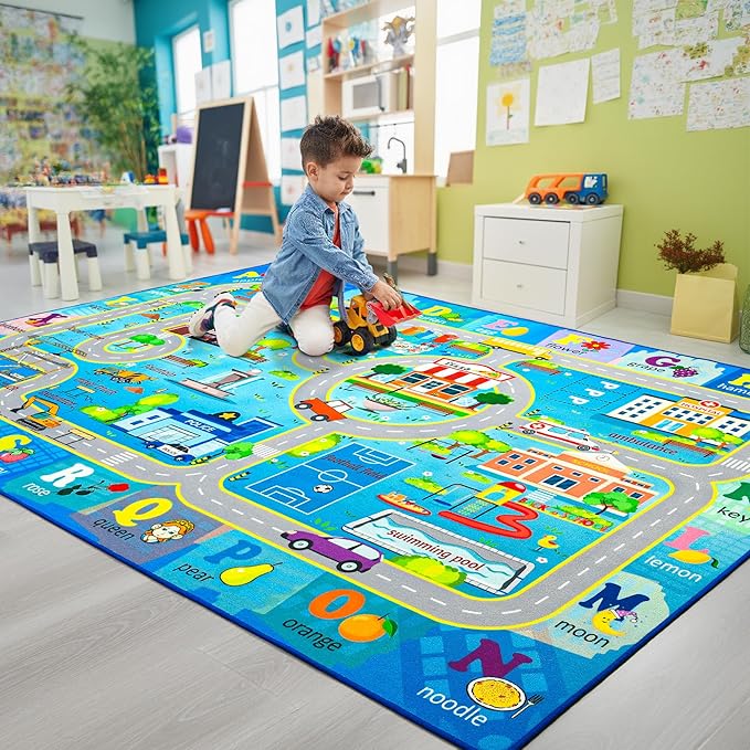 Chicrug 5x8 Car Road Area Rug for Kids Playroom Bedroom, Non Slip Low Pile Washable ABC Alphabet Carpet for Classroom, City Track Play Mat for Toddler Children Nursery Baby Room Decor, Blue