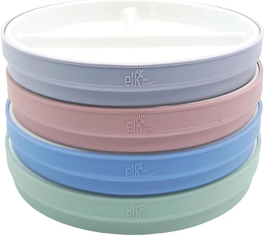 Elk and Friends Kids 6.7” Porcelain Divided Plates with Silicone Sleeves | Suitable for Babies/Kids/Toddlers | Microwave & Dishwasher Safe | Non Slip | Snack Dishes