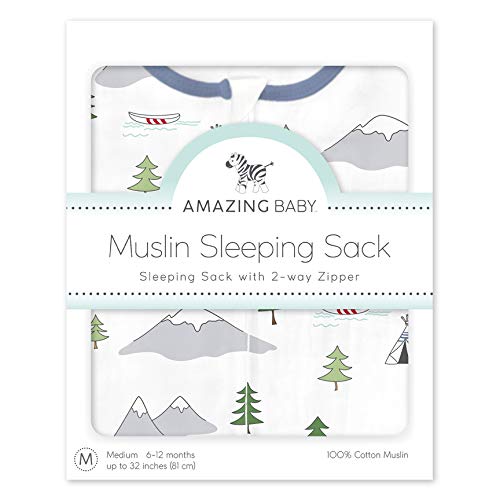 Amazing Baby Cotton Muslin Sleeping Sack, For Baby Boy or Girl, Wearable Blanket with 2-way Zipper, Outdoor Adventure, Denim, Medium (6-12 Month)