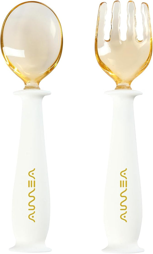 Toddler Forks and Spoons Set with travel case, Kids utensils for self-feeding bendable handle,Safe silicone Children Spoon and Fork,Toddler utensils,Silicone Grip and PPSU Head, Aged 6M+