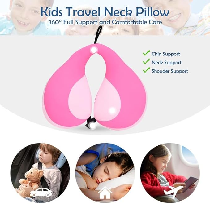 MOOB Kids Travel Pillow for Car Seat Kids Travel Neck Pillow U-Shape Car Seat Head Support Children Stroller Pillow Toddler Neck Pillow for Carseat Pink 3-12 Y/O