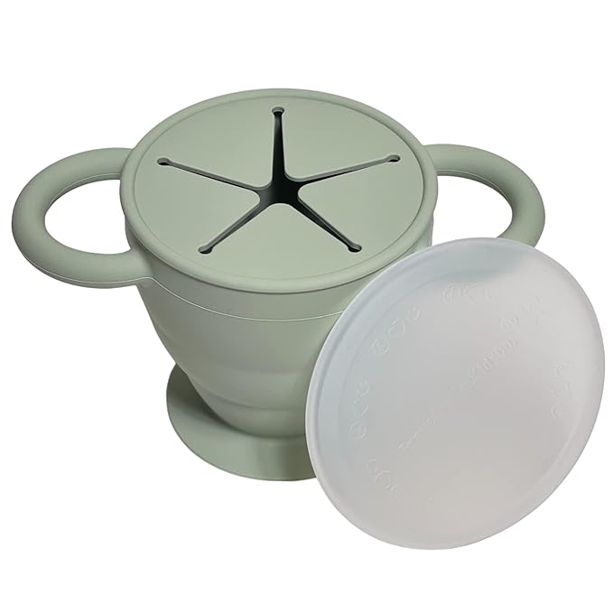 BraveJusticeKidsCo. | Snack Attack II Snack Cup | Collapsible Silicone Snack Container | Toddler and Baby Snack Catcher Lid (Desert Sage)