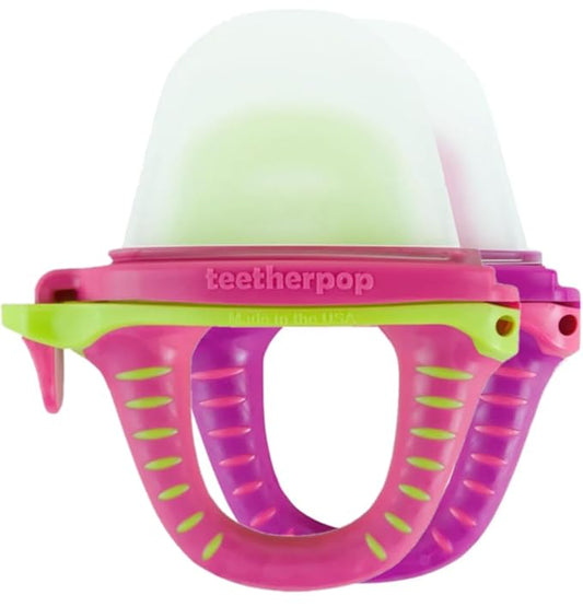 Teetherpop Fillable Silicone Teether for Babies – Breastmilk Popsicle Molds for Teething with Spill-Proof Sippy Slits – Freezable Baby Teethers for Liquids & Purées - Cool Relief (PinkLimon & Fuchsia)