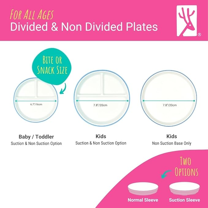Elk and Friends Kids 6.7” Porcelain Divided Plates with Silicone Suction Sleeves | Suitable for Babies/Kids/Toddlers | Microwave & Dishwasher Safe | Non Slip | Snack Dishes | 4 Pack