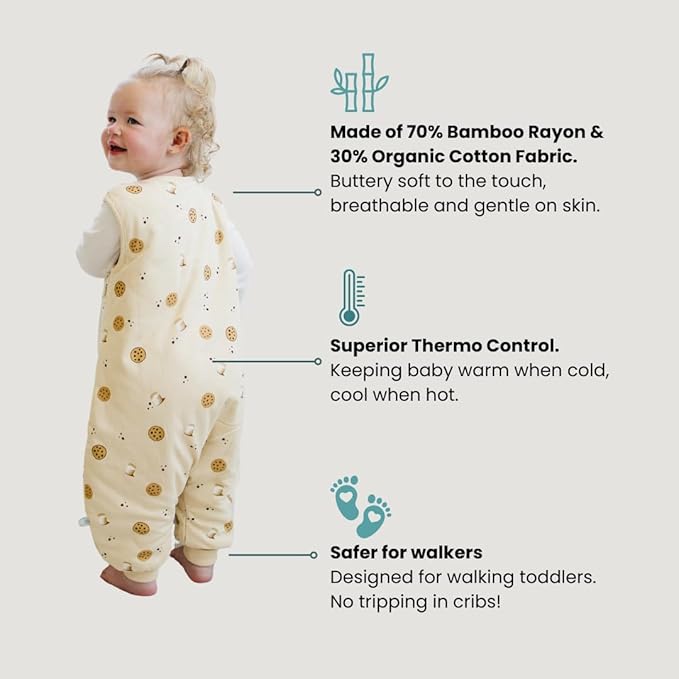 Tealbee Dreamsuit: Toddler Sleep Sack with Feet 3T 4T - 1.5 TOG Winter Baby Wearable Blanket for Walkers - Rayon made from Bamboo, Organic Cotton Sleep Bag - Cookies