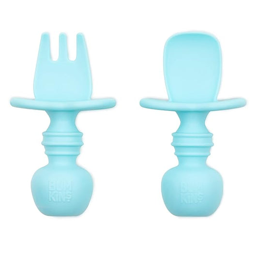 Bumkins Baby Utensils Set, Chewtensils Silicone Spoons for Dipping, Self-Feeding, Baby Led Weaning, Trainer Learning First Stage Eating, Soft Practice Fork and Spoon, Babies 6 Months, Blue