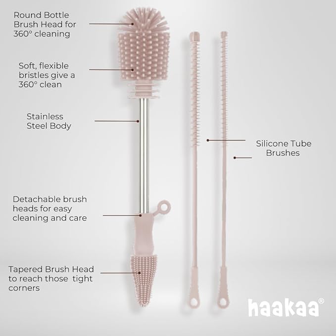 Haakaa Silicone Cleaning Brush Kit – Household Cleaning Brushes for Bottles and Crevices – Food-Grade Silicone: Dishwasher Safe (Kit-Grey)