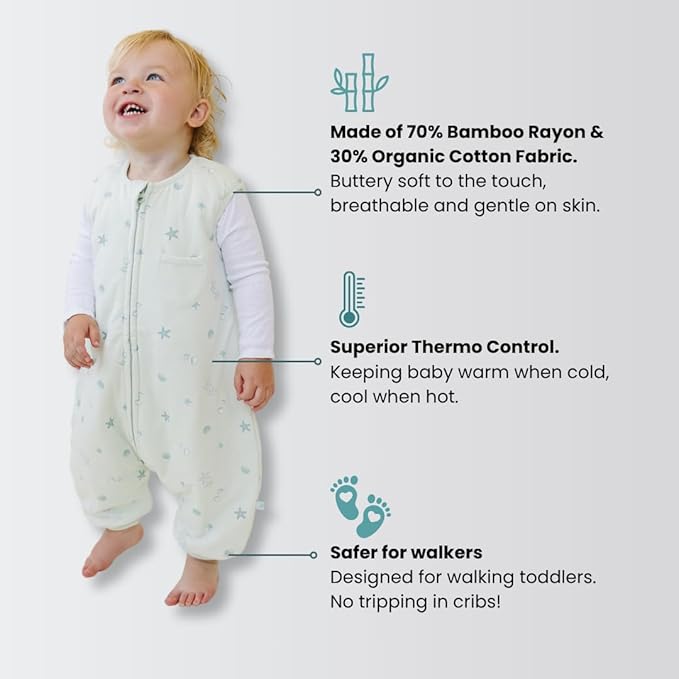 Tealbee Dreamsuit: Toddler Sleep Sack with Feet 12-18 Months, 18-24 Months - 1.5 TOG Winter Baby Wearable Blanket for Walkers - Rayon made from Bamboo, Organic Cotton Sleep Bag - Seashell