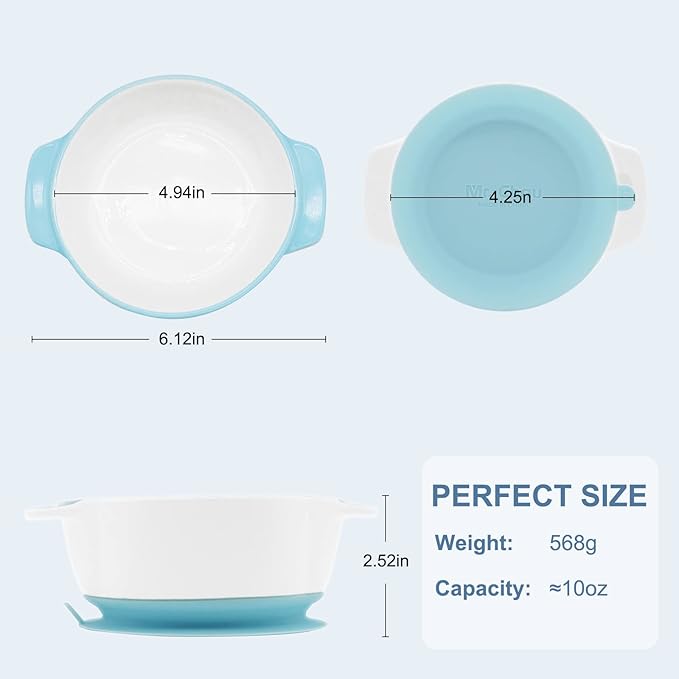 MR. CHOU Ceramic Baby Bowls with Suction Base, Infant Led Weaning Supplies with BPA Free Airtight Lid & Handles for Babies Self-feeding, 100% Food Grade Kid Bowls, Microwave & Dishwasher Safe, Blue