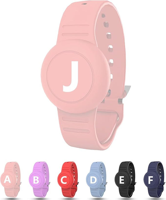 Waterproof Bracelet for AirTag Kids, Personalized Initial Letter Hidden Holder Compatible with Air Tag, Silicone Case for Airtag Adjustable Anti-Lost GPS Tracker for Toddler Child Elder, J