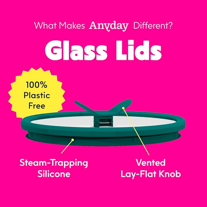 Anyday 4-Cup Glass Food Storage with Glass Lid, Round Shallow Dish | Plastic-Free Meal Prep & Microwave Cookware | Stackable Airtight Storage Container with Vented Lid for Microwave-Safe Reheating