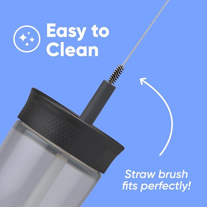 Owala Kids BPA-Free Plastic Tumbler with Spill Resistant Flexible Straw, Easy to Clean, Kids Water Bottle, Great for Travel, Dishwasher Safe, 15 Oz, Black and Gray (Skate Park)