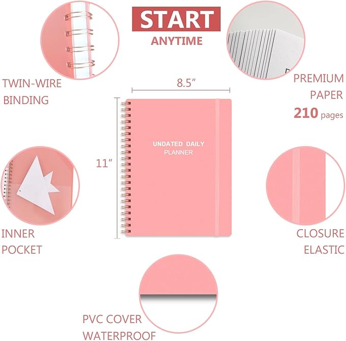 Undated Daily Planner - Undated Planner with Hourly Schedules, Action Items and Follow-up, A4 Daily Organizer Notebook to Increase Productivity, Appointment Book for Time Management, 8.5 × 11 Inch