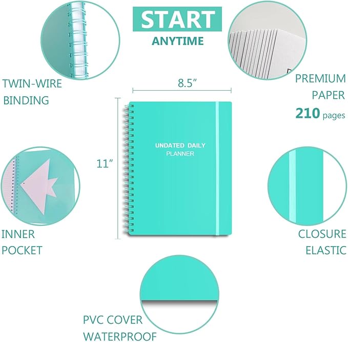 Undated Daily Planner - Undated Planner with Hourly Schedules, Action Items and Follow-up, A4 Daily Organizer Notebook to Increase Productivity, Appointment Book for Time Management, 8.5 × 11 Inch