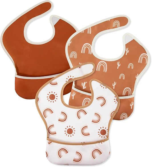 Mess Proof Baby Bib 3 Pack, Waterproof Led Weaning Baby Feeding Bibs with Food Catcher, Travel Feeding Bibs