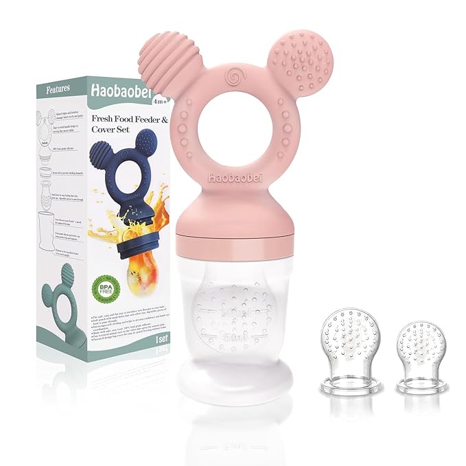 Baby Fruit Feeder, Frozen Teething Toys, Teether Pacifier with 3 Extra Teats, Infant Eating Essentials, BPA Free Baby Feeding Supplies (Pink)