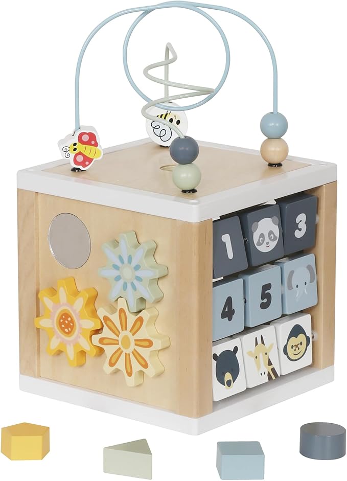 Wooden Activity Cube, 6-in-1 Montessori Toys for 1+ Year Old Boys & Girls, Educational Learning Toys for 1 2 3 Year Old Baby|Bead Maze|Shape Sorter|Mirror|Gear