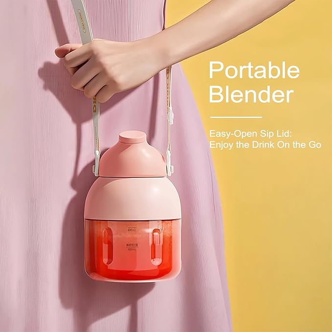 Portable Blender, Personal Blender for Shakes and Smoothies, 27oz Cup with 10 Blades, Shoulder Strap and Lid with Straw, Type-C USB Rechargeable, Dishwasher Safe Parts, BPA Free, Pink