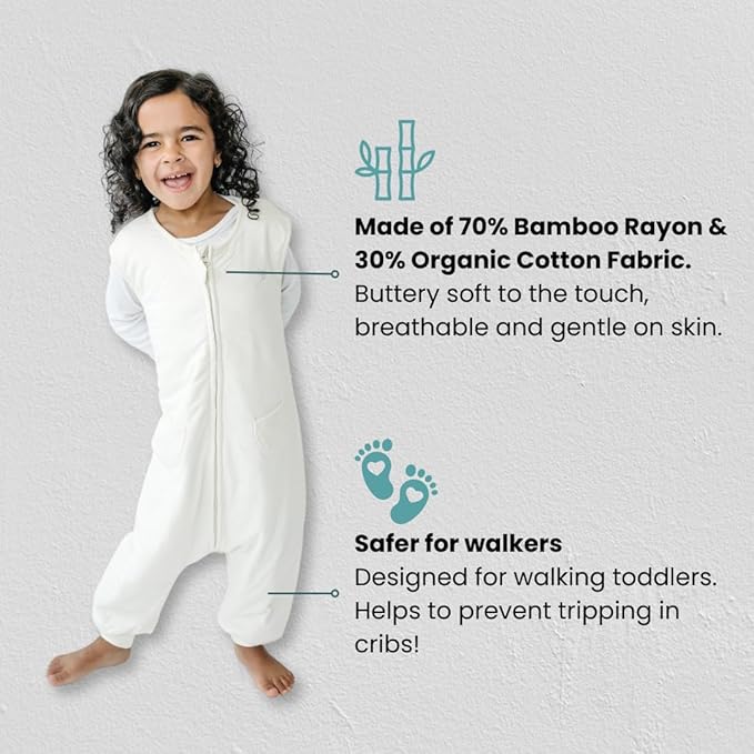Tealbee DREAMSUIT: Toddler Sleep Sack with Feet 12-18 months, 18-24 months - 1.2 TOG All Season Baby Wearable Blanket for Walkers - Rayon made from Bamboo, Organic Cotton Sleeping Bag - Undyed
