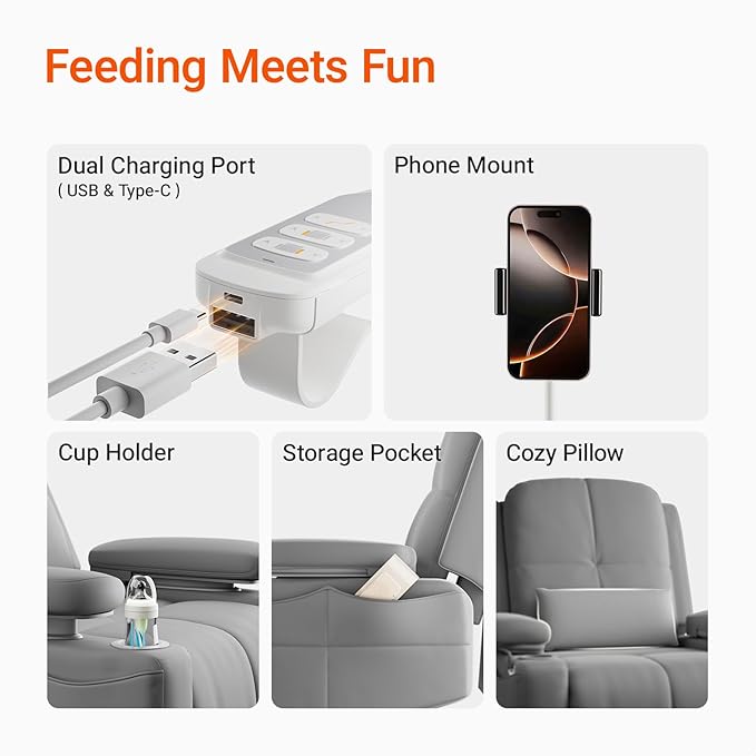 Rocking Chair Nursery with Adjustable Armrests, Electric Glider Recliner Nursing Chair for Breastfeeding, Power Swivel Recliner Chairs with USB Port and Storage, FSC Certified (Haze)