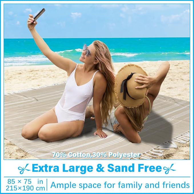 Oversized Turkish Beach Towel Blanket XXL Cotton Sandproof Towels Boho Woven Extra Large Big Sand Free Giant Throw Thick Blankets Huge Quilt XL Picnic Camping Necessities Cloud For Adult Gifts Beige