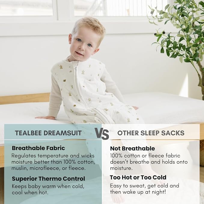 Tealbee DREAMSUIT: Toddler Sleep Sack with Feet 3T 4T - 0.8 TOG Lightweight Baby Wearable Blanket for Walkers - Rayon Made from Bamboo, Organic Cotton Sleeping Bag - Cactus