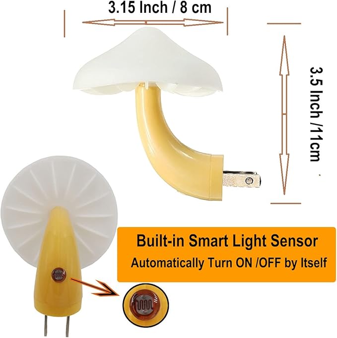 AUSAYE 2 Pack Sensor LED Night Light Plug in NightLight Energy Saving Wall Lamp Mushroom Night Lights for Bedroom, Bathroom,Toilet,Hallway,Kitchen,Kids,Adults Warm White
