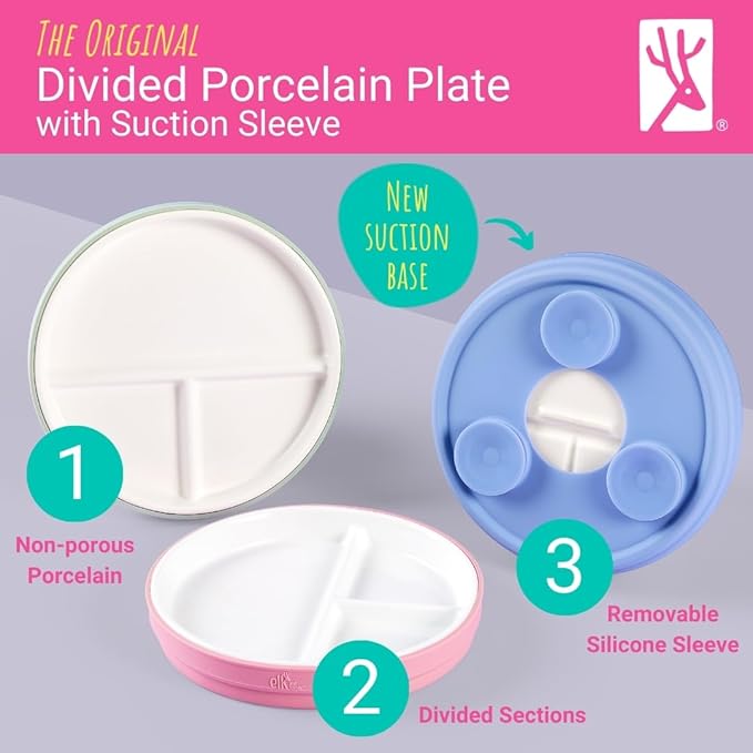 Elk and Friends Kids 6.7” Porcelain Divided Plates with Silicone Suction Sleeves | Suitable for Babies/Kids/Toddlers | Microwave & Dishwasher Safe | Non Slip | Snack Dishes | 4 Pack