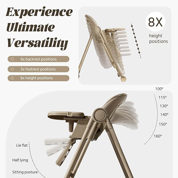 Multi Functional All in 1 Baby High Chair Swings for Infants Foldable Rocking 8 Level Height Adjustment Eco Friendly Washable PU Cushion Ultimate Baby Feeding Chair (Brown)