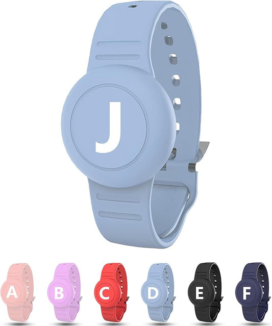 Waterproof Bracelet for AirTag Kids, Personalized Initial Letter Hidden Holder Compatible with Air Tag, Silicone Case for Airtag Adjustable Anti-Lost GPS Tracker for Toddler Child Elder, J