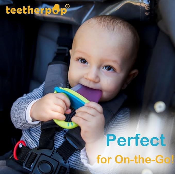 Teetherpop Fillable Silicone Teether for Babies – Breastmilk Popsicle Molds for Teething with Spill-Proof Sippy Slits – Freezable Baby Teethers for Liquids & Purées - Cooling Relief (3-Pack-Blues)