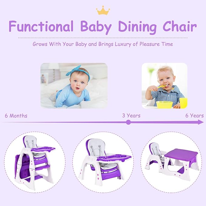 Costzon Baby High Chair, 3 in 1 Infant Table and Chair Set, Convertible Booster Seat with 3-Position Adjustable Feeding Tray, Adjustable Seat Back, 5-Point Harness (Purple)